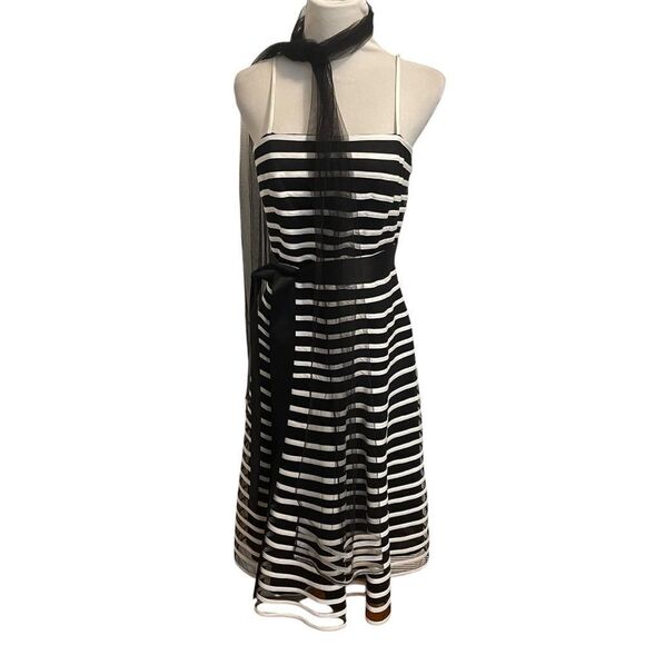 Cachet Vintage 90's Mesh Striped A Line Spaghetti Strap Dress w/ Scarf Size 10 - Picture 2 of 6